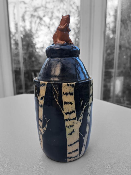 Birch and Beaver lidded pot.