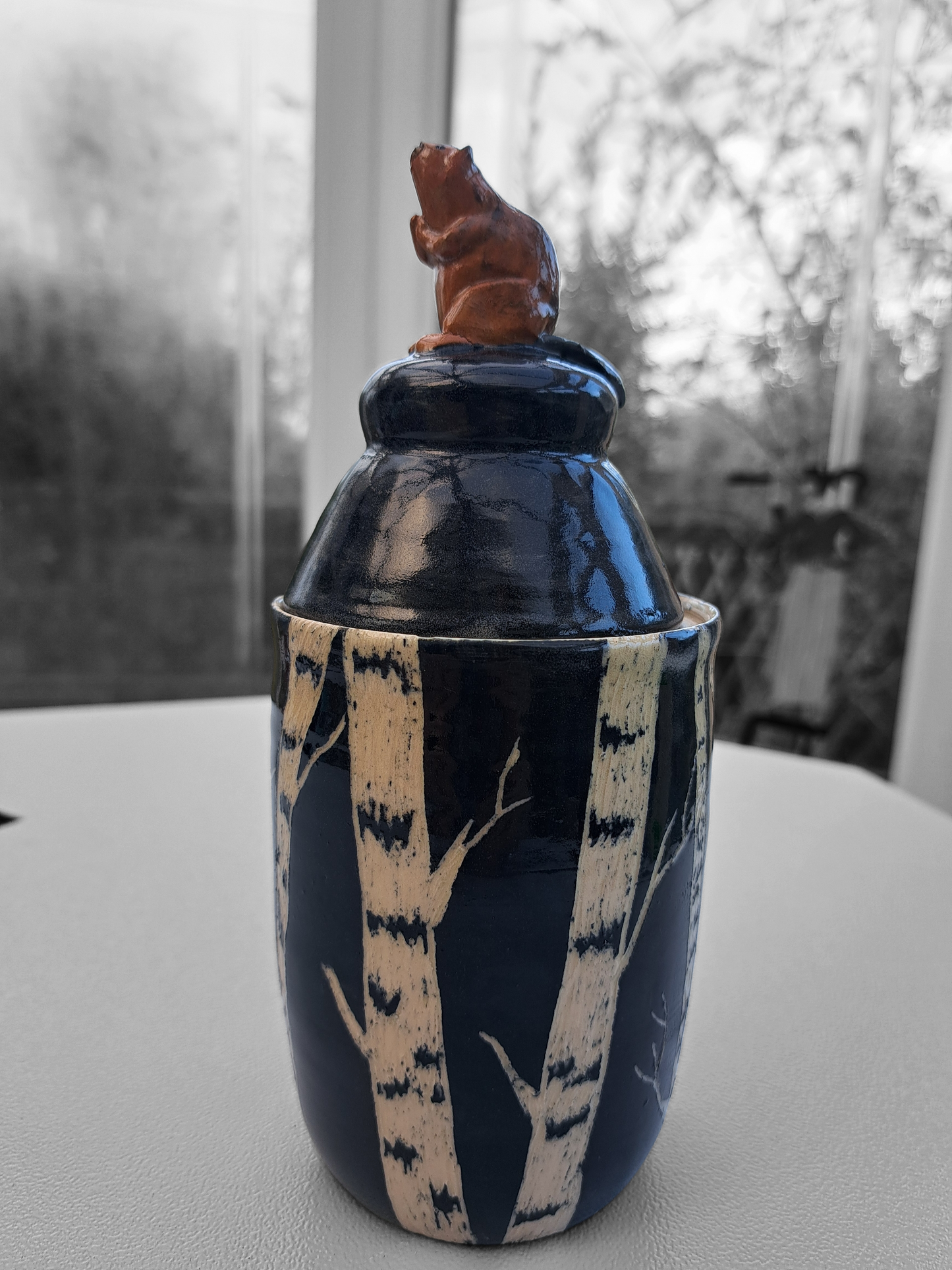 Birch and Beaver lidded pot.